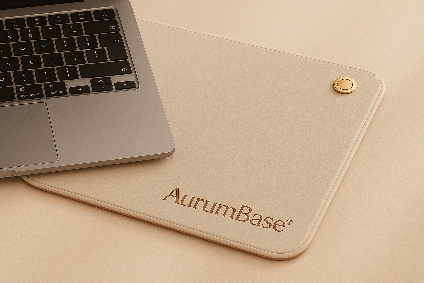 Close-up of AuruBase grounding mat connected to laptop for reducing body voltage and indoor EMF exposure.
